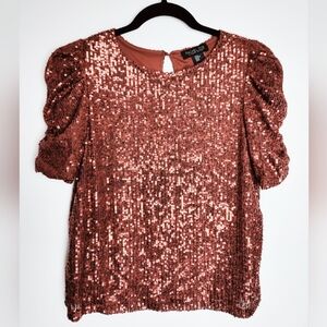 NWOT Sequin Rachel Zoe Party Top Blouse Orange w Ruched Short Sleeves Size M